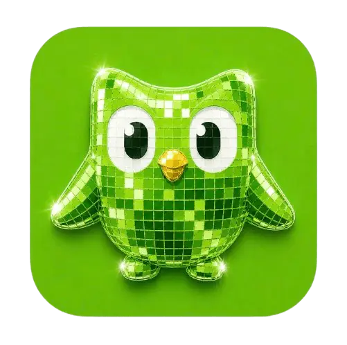 Duolingo logo transformed into a glossy tiled icon
